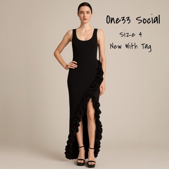 One33 Social Black Taffeta Ruffle Hem Gown Size 4 - New with Tags - Picture 1 of 7